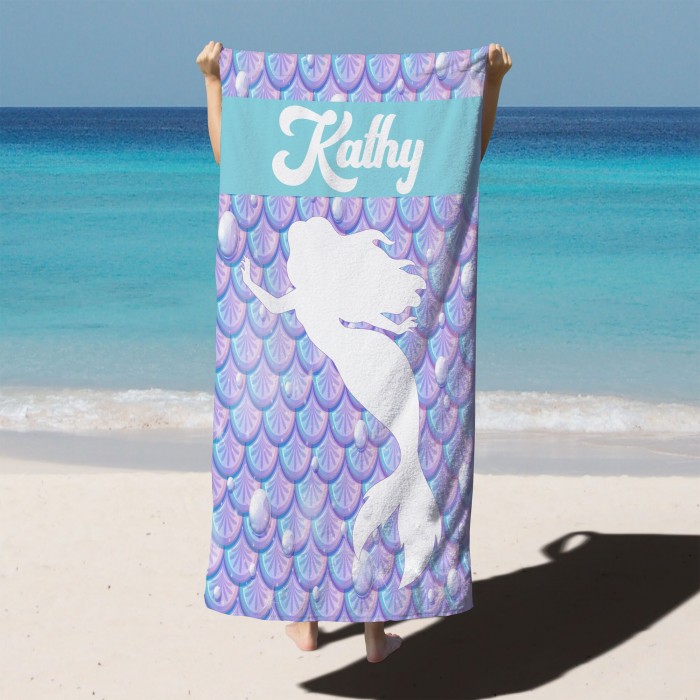 Custom Cute Mermaid Pool Towel, Personalized Mermaid Beach Towel, Customized Marine Beach Towel, Custom Bath Towel for Kids, Starfish Beach Towel
