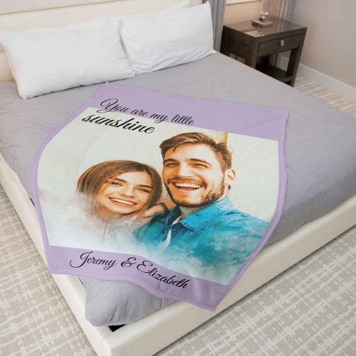 Custom Portrait Blanket, Personalized Photo Blanket with Watercolor Drawing, Cloud Effect, Anniversary Couple Gift, Fleece Sherpa Minky
