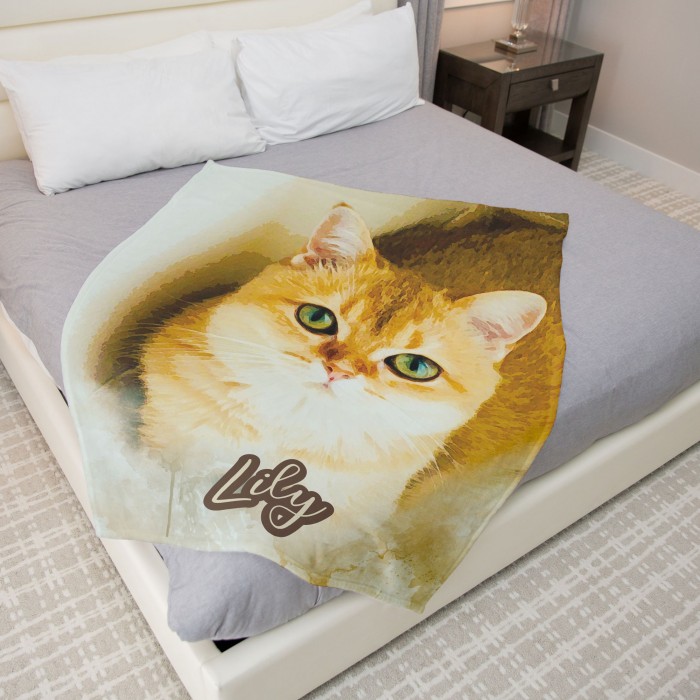 Custom Pet Blankets, Personalized Pet Photo Blanket, Pet Lover Gifts, Personalized Photo Blanket with Watercolor Drawing, Cloud Effect