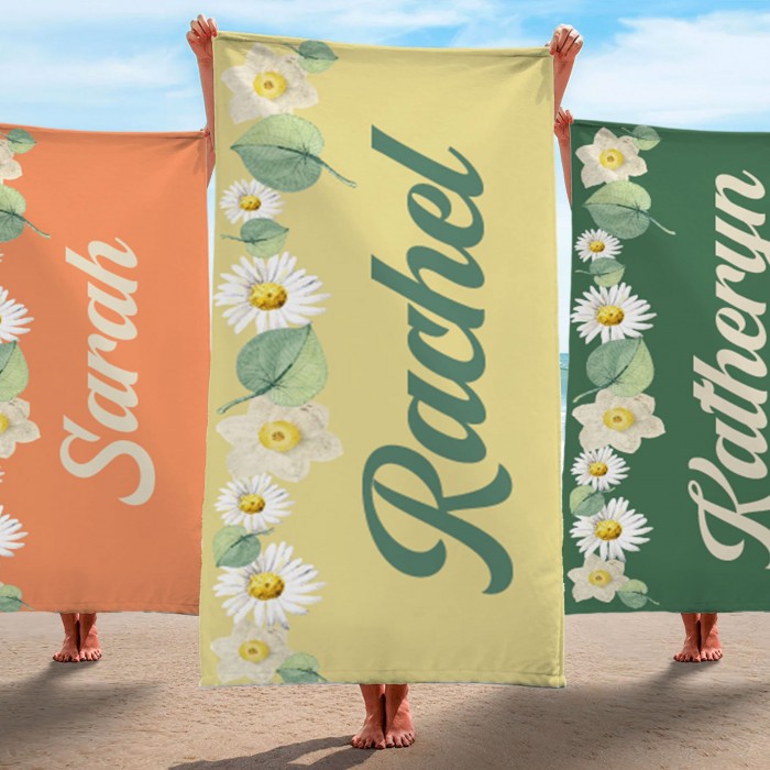 Personalized Vintage Floral 70 s Design, Retro Style Custom Name Beach Towel, Personalized Pool Towel, Vacation Birthday Gift, Gift For Mom