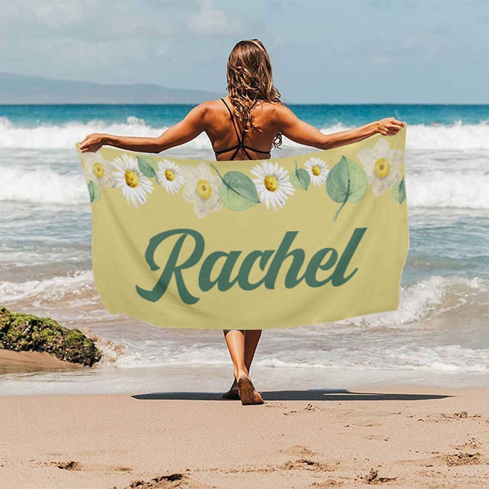Personalized Vintage Floral 70 s Design, Retro Style Custom Name Beach Towel, Personalized Pool Towel, Vacation Birthday Gift, Gift For Mom
