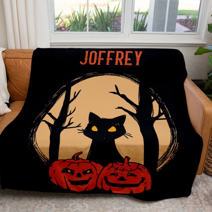 Personalized Black Cat Pumpkin Blanket, Custom Name Soft Cozy Sherpa Fleece Throw Blanket, Halloween Gift for Cat Mom, Cat Dad, Cat Lover