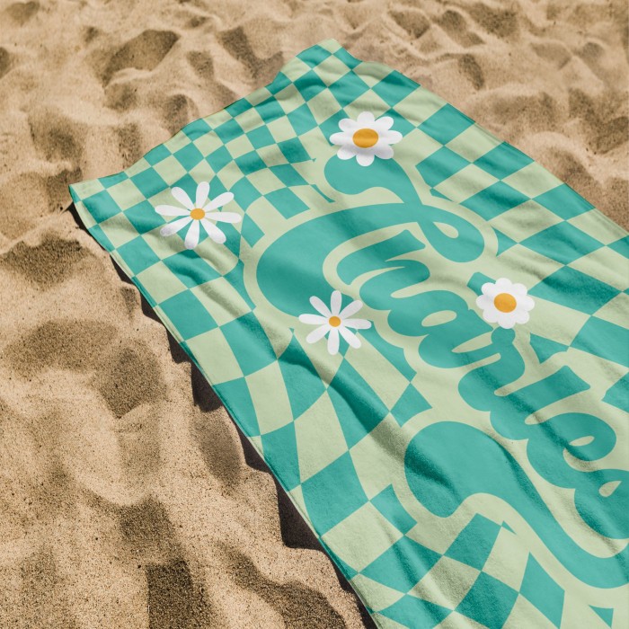 Personalized Hippie Style Bath Towel, Custom Beach Towel, Retro Checkered Pattern Pool Towel, Birthday, Bridesmaid, Bridal Shower Gift