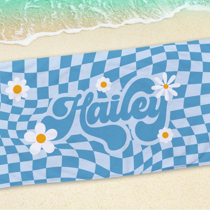 Personalized Hippie Style Bath Towel, Custom Beach Towel, Retro Checkered Pattern Pool Towel, Birthday, Bridesmaid, Bridal Shower Gift