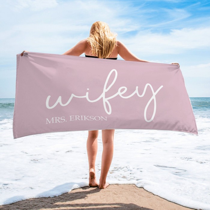 Personalized Name Pool Bath Towel, Wifey Hubby Custom Beach Towel,  Custom Wedding Proposal Gift, Present For Couples