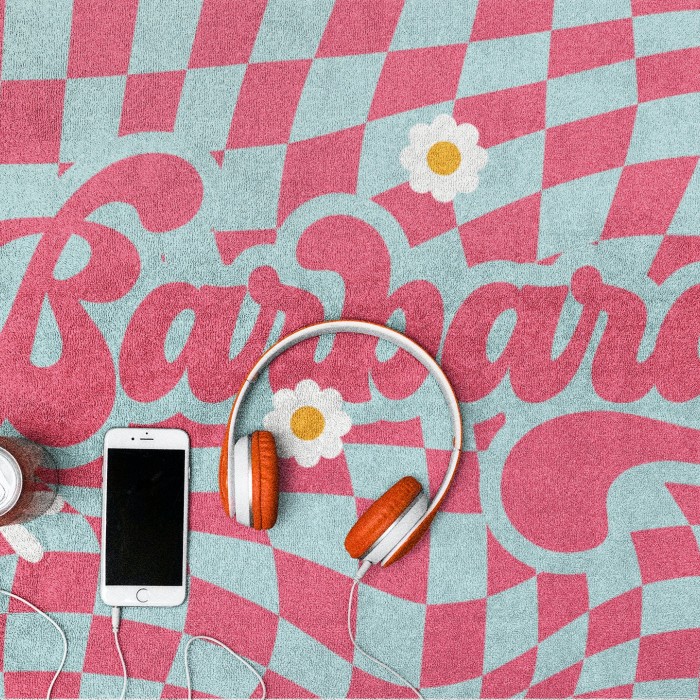 Personalized Hippie Style Bath Towel, Custom Beach Towel, Retro Checkered Pattern Pool Towel, Birthday, Bridesmaid, Bridal Shower Gift