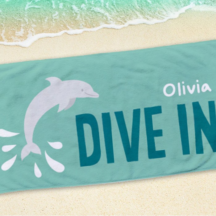 Colorful Dive In Name Beach Towel, Personalized Kids Pool Towel, Gift For Her, Vacation Birthday Gift, Present For Her