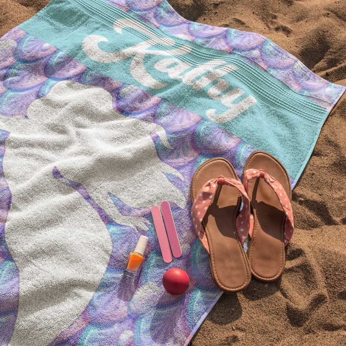 Custom Cute Mermaid Pool Towel, Personalized Mermaid Beach Towel, Customized Marine Beach Towel, Custom Bath Towel for Kids, Starfish Beach Towel