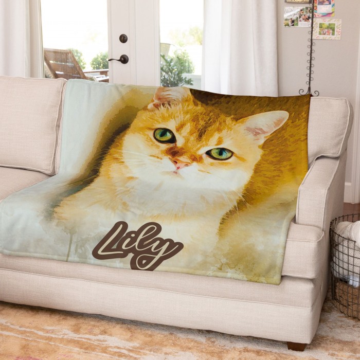 Custom Pet Blankets, Personalized Pet Photo Blanket, Pet Lover Gifts, Personalized Photo Blanket with Watercolor Drawing, Cloud Effect