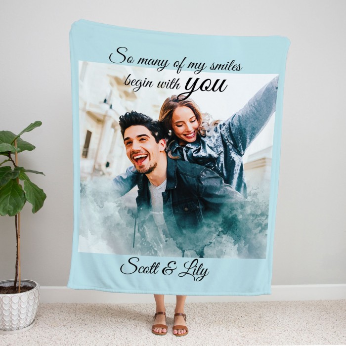 Custom Portrait Blanket, Personalized Photo Blanket with Watercolor Drawing, Cloud Effect, Anniversary Couple Gift, Fleece Sherpa Minky