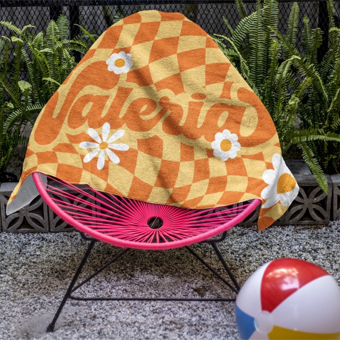 Personalized Hippie Style Bath Towel, Custom Beach Towel, Retro Checkered Pattern Pool Towel, Birthday, Bridesmaid, Bridal Shower Gift
