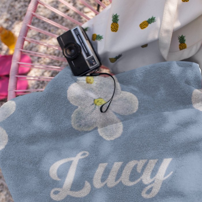 Personalized Vintage Floral 70 s Design, Retro Style Custom Name Beach Towel, Personalized Pool Towel, Vacation Birthday Gift, Gift For Mom