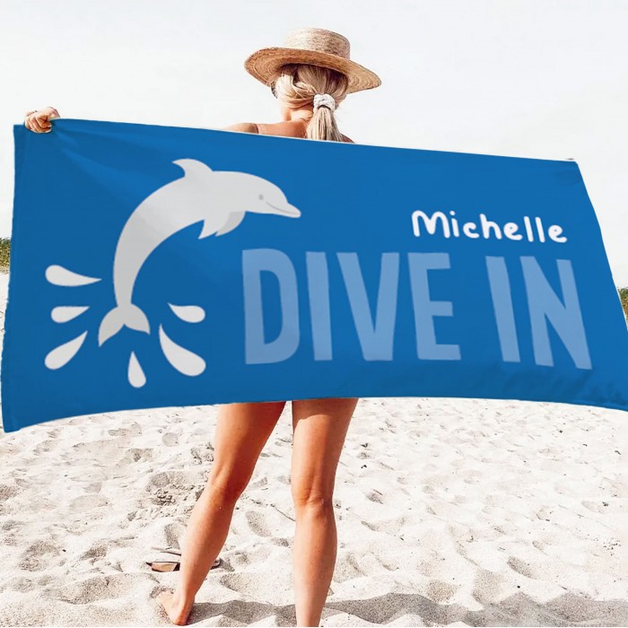 Colorful Dive In Name Beach Towel, Personalized Kids Pool Towel, Gift For Her, Vacation Birthday Gift, Present For Her