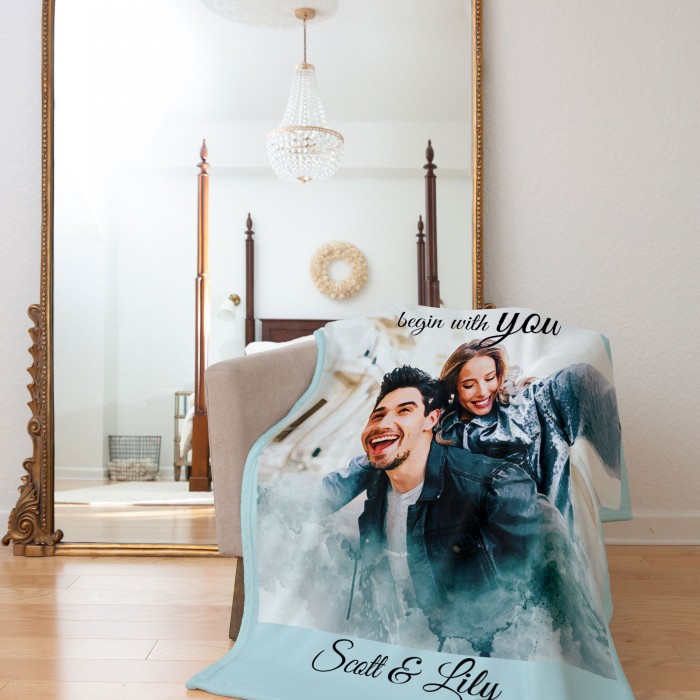 Custom Portrait Blanket, Personalized Photo Blanket with Watercolor Drawing, Cloud Effect, Anniversary Couple Gift, Fleece Sherpa Minky