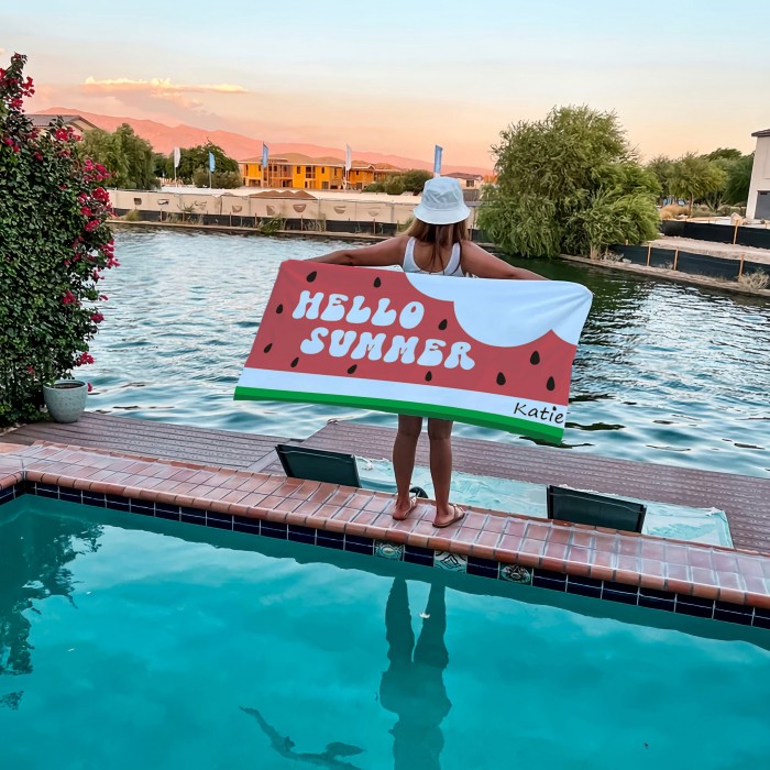 Watermelon Beach Towel, Hello Summer Beach Towel, Adult/Kids Name Bath Towel, Pool Towel, Birthday Gift, Vacation Gift, Gift for Her