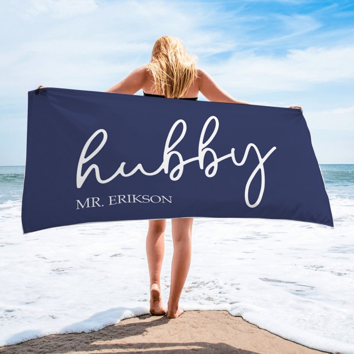 Personalized Name Pool Bath Towel, Wifey Hubby Custom Beach Towel,  Custom Wedding Proposal Gift, Present For Couples