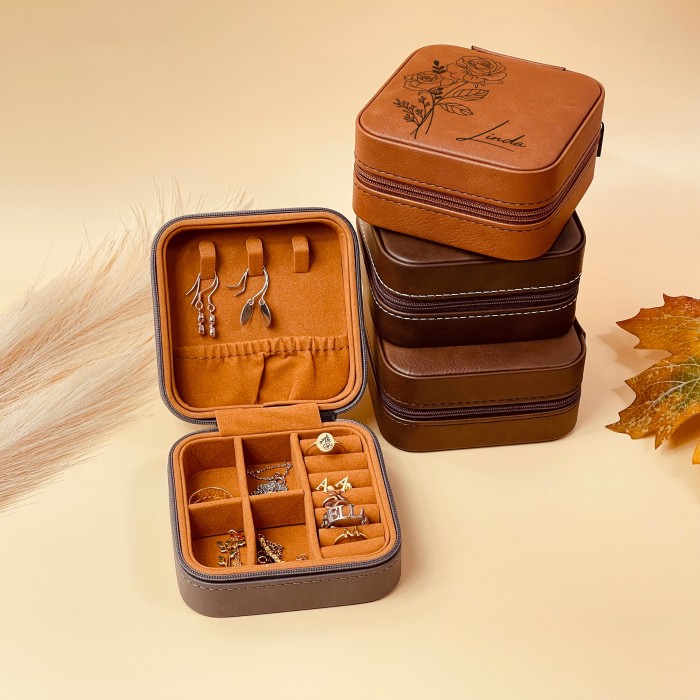 Birth Flower Jewelry Box, Engraved Jewelry Travel Case,