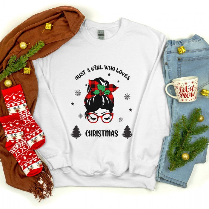 Just A Girl Who Loves Christmas Sweatshirt, Messy Bun Christmas Sweatshirt
