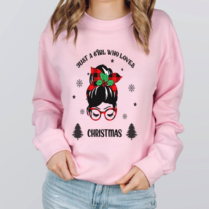 Just A Girl Who Loves Christmas Sweatshirt, Messy Bun Christmas Sweatshirt