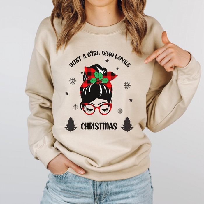 Just A Girl Who Loves Christmas Sweatshirt, Messy Bun Christmas Sweatshirt