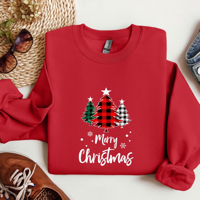 Buffalo Plaid Christmas Tree Sweatshirt, Leopard Print Christmas Tree Sweatshirt