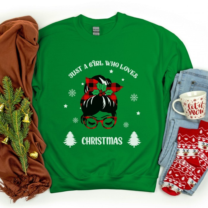 Just A Girl Who Loves Christmas Sweatshirt, Messy Bun Christmas Sweatshirt