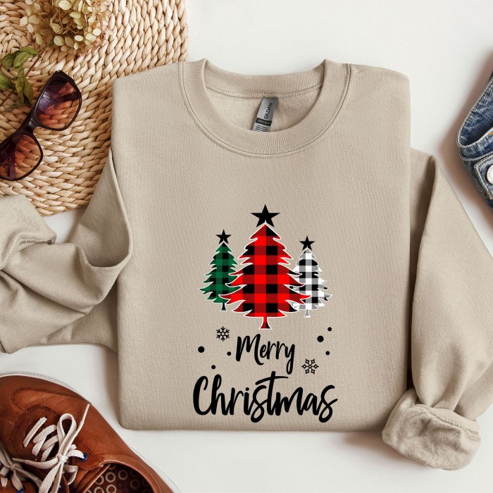 Buffalo Plaid Christmas Tree Sweatshirt, Leopard Print Christmas Tree Sweatshirt